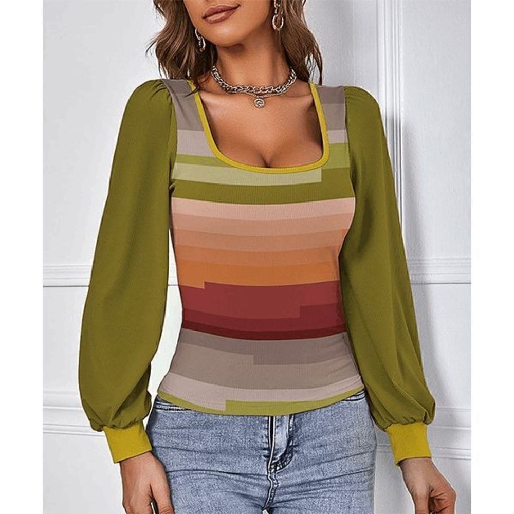 Green & Red Stripe Bishop-Sleeve Scoop Neck Top L #1888-D2